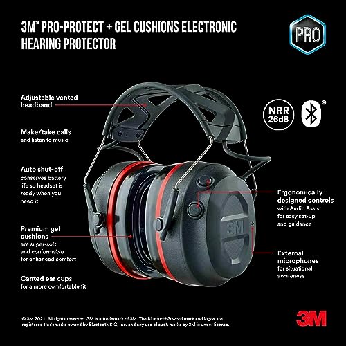 3M Pro-Protect + Gel Cushions Electronic Hearing Protector, Noise Reduction Rating (NRR) 26 dB, Bluetooth Ear Muffs, High-Fidelity Speakers & Integrated Microphone, Premium Gel Cushions (90545-SIOC)